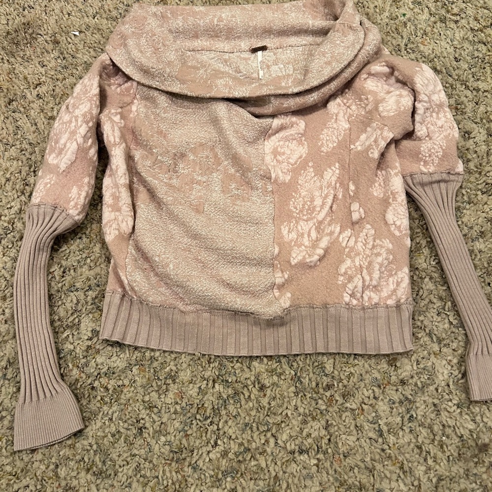 Free People Metallic Rose Pink off the shoulder Botanical Sweater- size Small